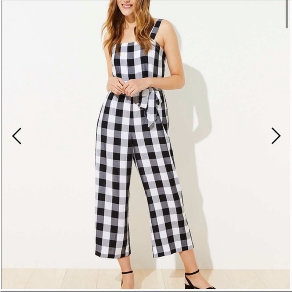 LOFT wide leg cropped plaid checkered gingham belted smocked jumpsuit romper M - Picture 4 of 10